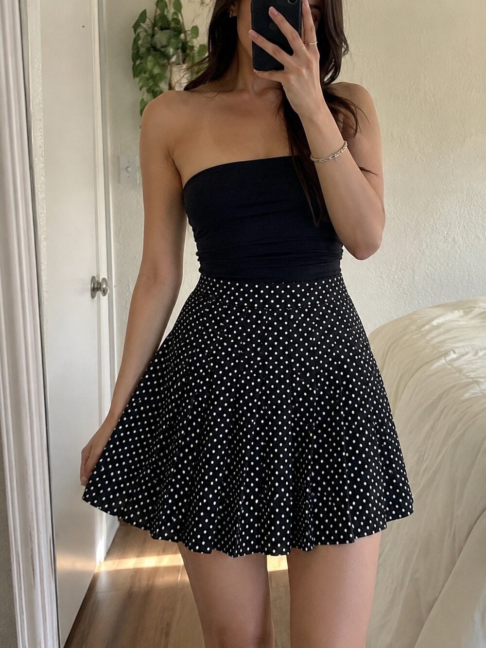 Liz Claiborne 14 Black Polka Dot Pleated A-Line Midi Skirt Retro Pinup Teacher